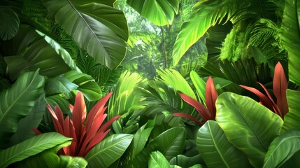 Obraz premium Lush Tropical Greenery with Vibrant Red Foliage in Sunny Forest