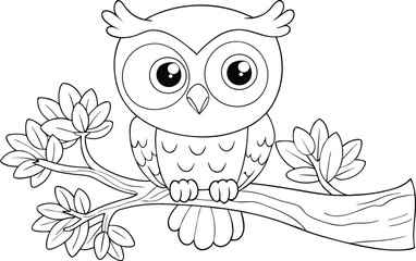 Cute kawaii cartoon character owl on the tree coloring page, vector printable worksheets for preschool