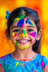 A smiling Indian girl with a face full of colorful powders, representing the spirit of Holi on a sunny orange background.