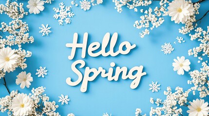 Floral border of spring snowflakes framing "Hello Spring" text on a serene blue background, perfect for greeting cards.