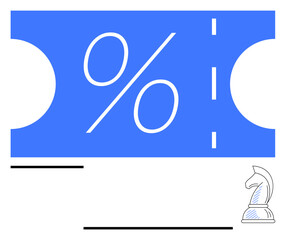 Blue coupon with a prominent percentage symbol and dashed line, paired with a chess knight icon. Ideal for sales, discounts, strategy, planning, marketing, budgeting, abstract line flat metaphor