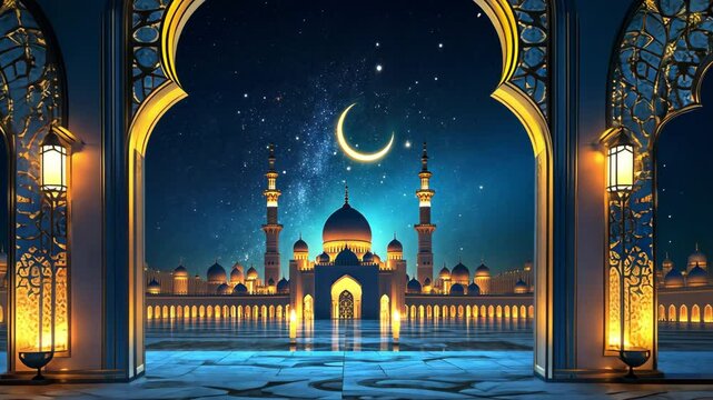 Ramadan Kareem banner with a crescent moon and lantern, with a mosque in the backdrop.