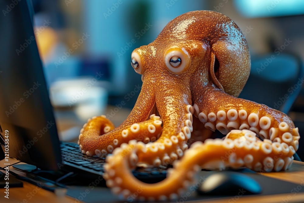 Aufkleber intelligent octopus using computer, typing on keyboard and using mouse, concept of artificial intell