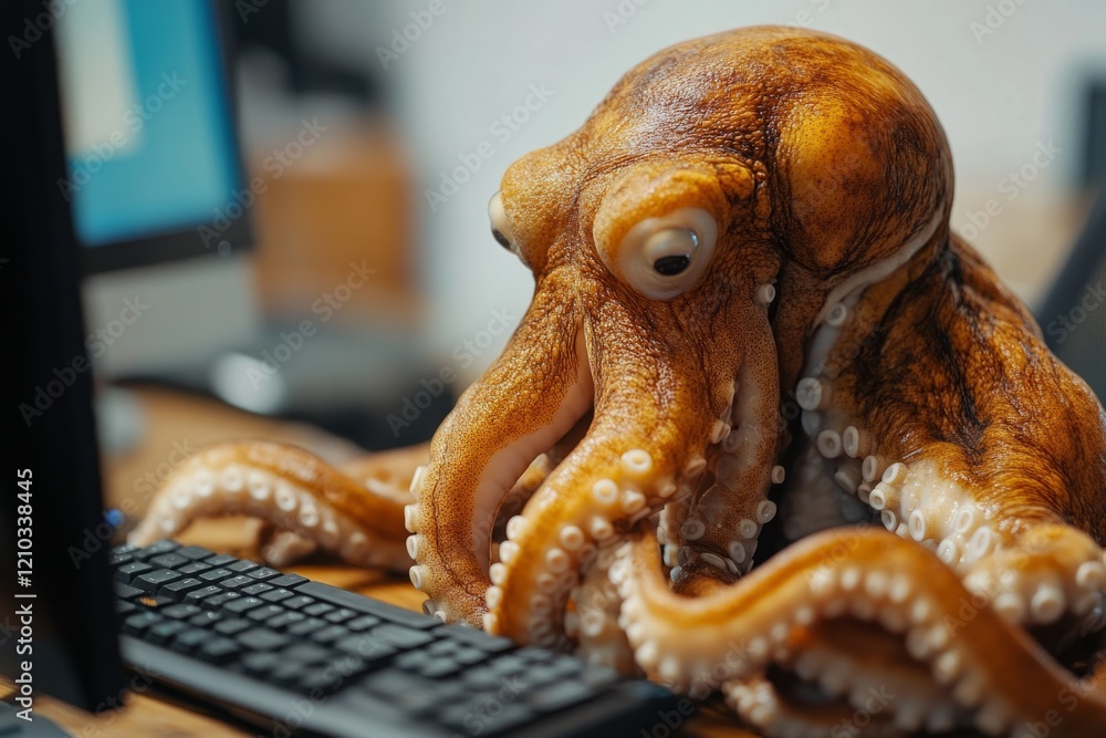 Poster octopus using multiple tentacles to type on a keyboard in a brightly lit office, showcasing adaptabi