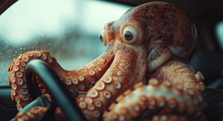 Octopus skillfully maneuvers a car on a rainy day, tentacles gripping the steering wheel