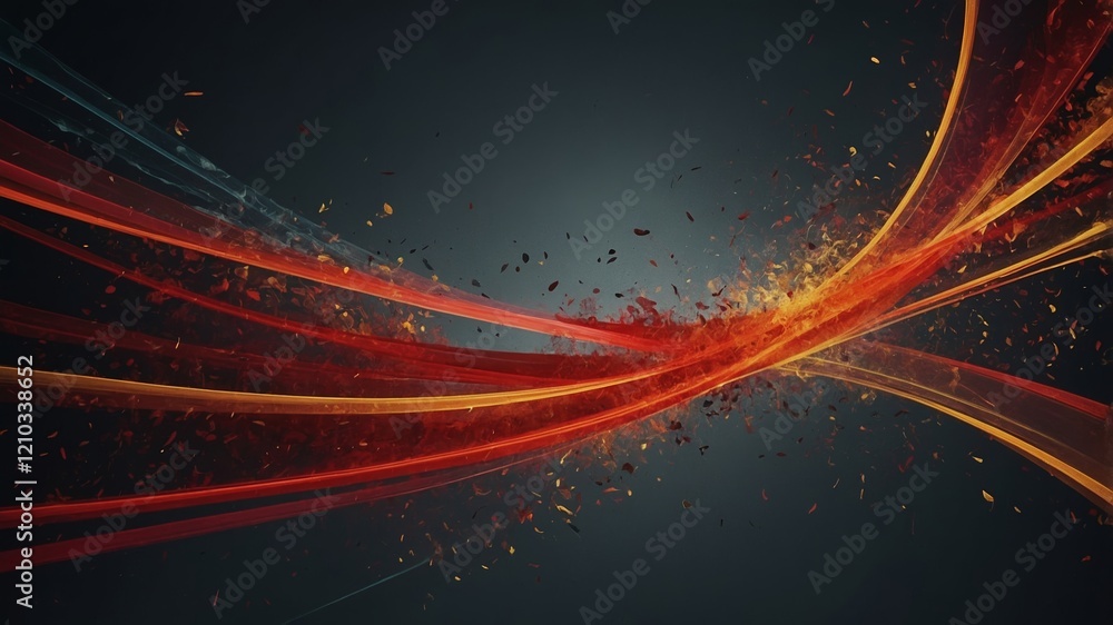 Poster dynamic red and orange abstract lines with particle effects in a dark setting creating a vibrant vis