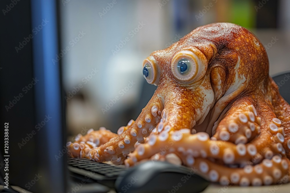 Poster octopus working from home office using computer, keyboard and mouse