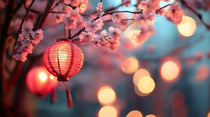 Obraz premium Red Lanterns and Cherry Blossoms at Night