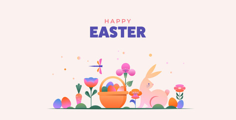 Happy Easter, Modern flat design with flowers, eggs and bunnies, pastel colors
