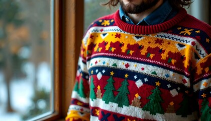 Obraz premium Photorealistic Christmas sweater with intricate knit designs and holiday charm