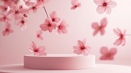 Generative 3D mockup featuring a soft pink pedestal with cherry blossoms floating, perfect for cosmetic or luxury brand promotion.