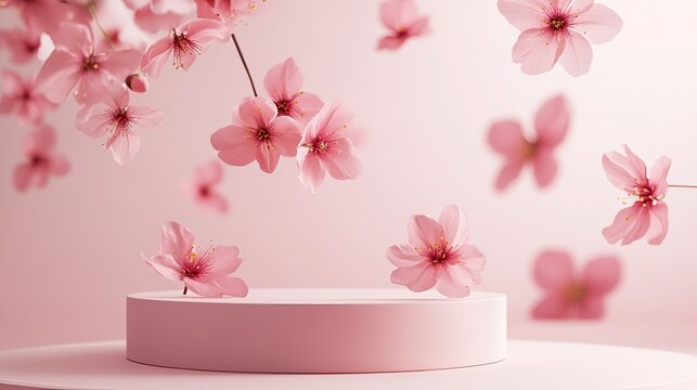 Generative 3D mockup featuring a soft pink pedestal with cherry blossoms floating, perfect for cosmetic or luxury brand promotion.