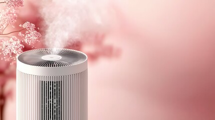 air pollution and pm2.5. Stylish air purifier emitting vapor against soft pink background.