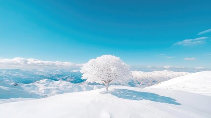 Snowy mountain landscape with frost-covered tree; winter serenity; travel poster