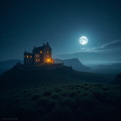 Obraz premium Mysterious Hilltop House Illuminated Under Full Moon in Misty Nightscape