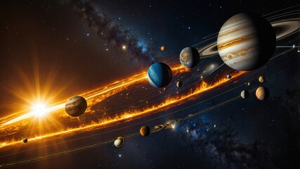 Naklejka premium space, planet, star, earth, galaxy, astronomy, universe, sun, sky, night, moon, cosmos, light, nebula, stars, blue, abstract, science, world, fantasy, black, orbit, illustration, outer, solar