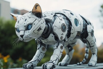Futuristic robot cat with glowing blue eyes exploring an urban park, showcasing advanced robotics and artificial intelligence