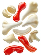 Obraz premium Red and white food shapes float; abstract food concept; white background; recipe illustration