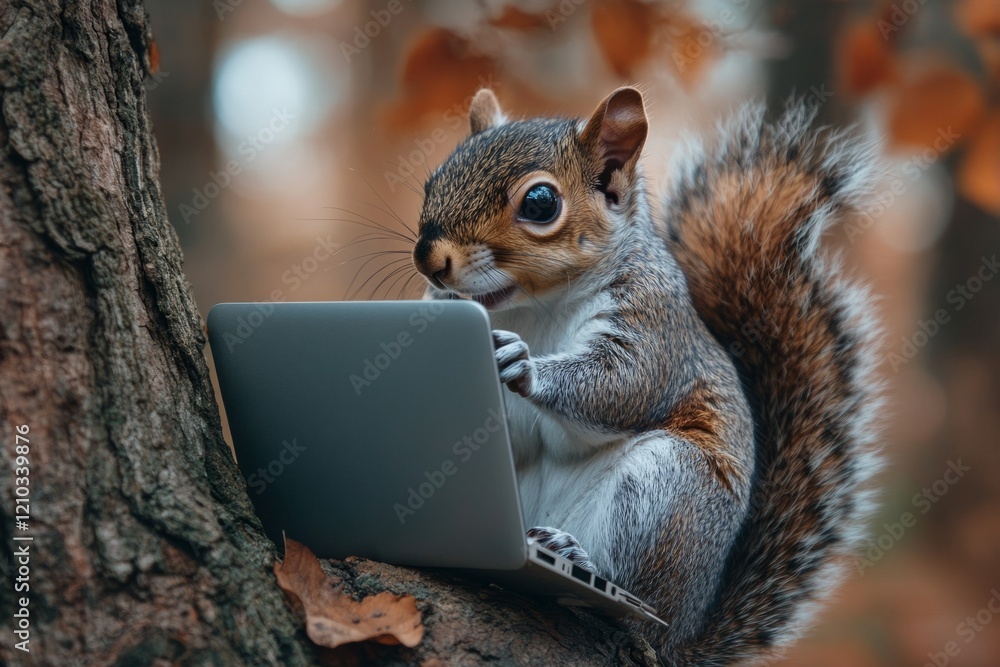 Poster eastern gray squirrel using a laptop computer in a forest during fall