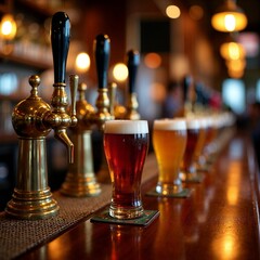 Row of Draft Beers on Bar Counter with Golden Taps in Warm Pub Lighting