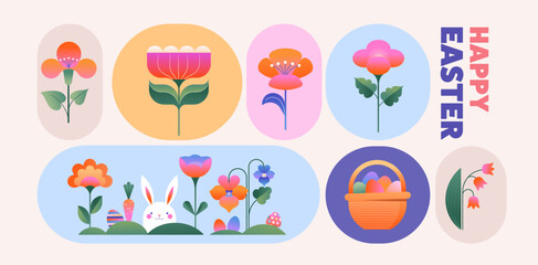 Happy Easter, Modern flat design with flowers, eggs and bunnies, pastel colors