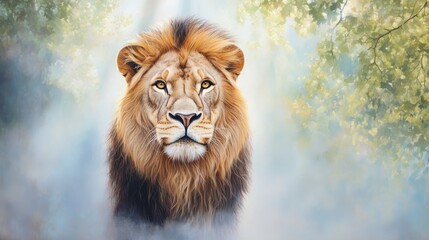 Majestic Lion Staring into Lens Surrounded by Soft Foggy Forest