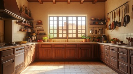 Wide Shot of an Empty Cosy Kitchen Decorated with Indian Style. Stylish Traditional South Asian Home with Utensils and Wide Window Letting the Spring Warmth and Light in. Vintage Warm Aesthetic