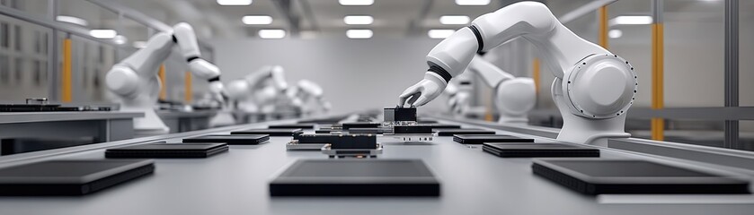 Obraz premium Robotic assembly line manufacturing parts. Automated factory process