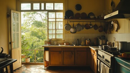 Wide Shot of an Empty Cosy Kitchen Decorated with Indian Style. Stylish Traditional South Asian Home with Utensils and Wide Window Letting the Spring Warmth and Light in. Vintage Warm Aesthetic
