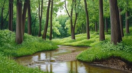 Obraz premium Serene Forest Stream Flowing Through Lush Green Vegetation Landscape