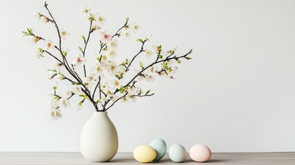 Minimalist Easter arrangement with a vase of blooming branches and pastel eggs, creating a serene, festive aesthetic.