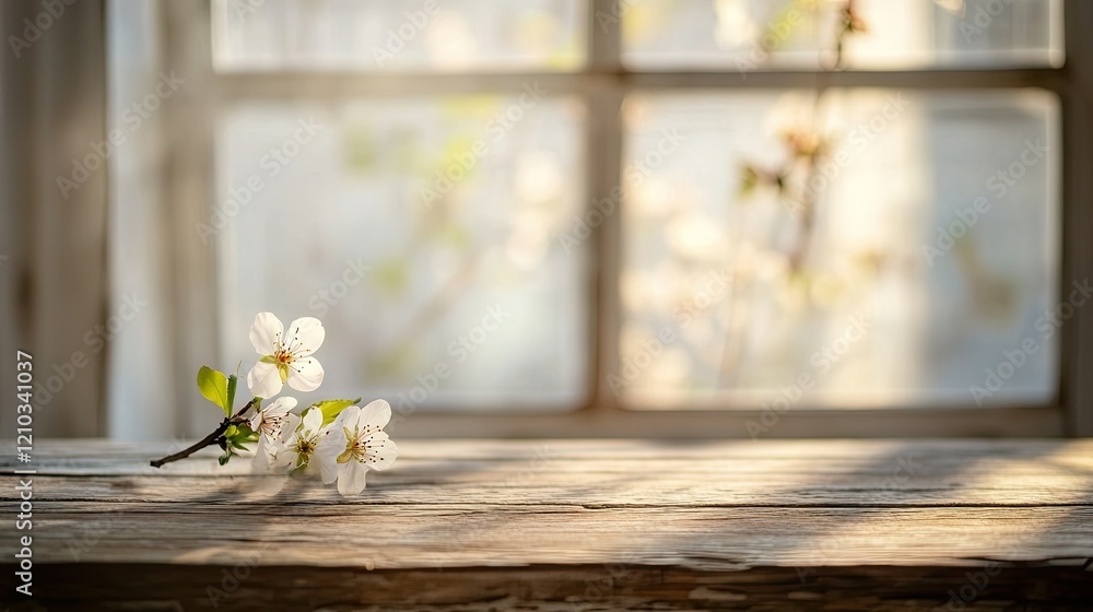 Poster minimalist spring composition featuring a wooden table in front of a blurred window with soft natura