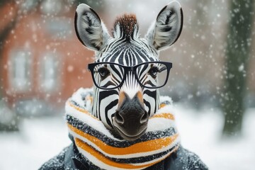 Naklejka premium Zebra wearing glasses and a scarf during a snowfall, creating a humorous and surreal winter scene