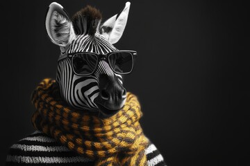 Naklejka premium Stylish zebra wearing sunglasses and a scarf posing on a dark background, showcasing a unique and fashionable concept