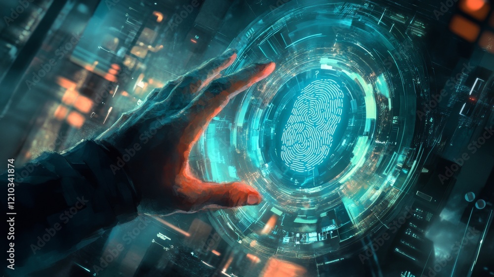 Poster businessman scan fingerprint biometric identity and approval. concept of the future of security and 