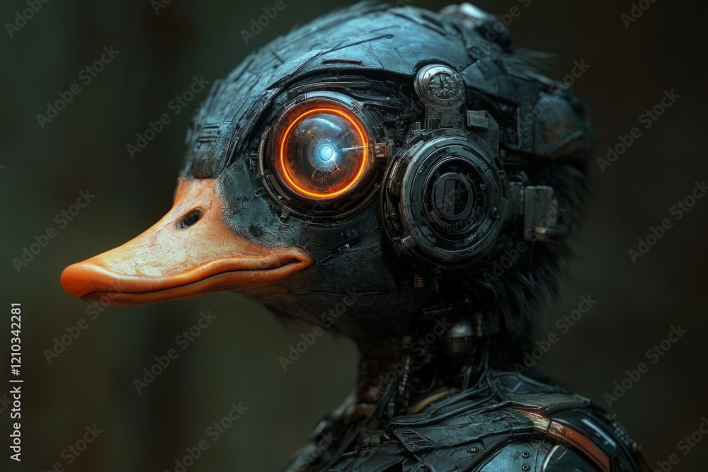Poster profile view of a robotic duck wearing cyberpunk armor and a glowing visor in a dimly lit setting