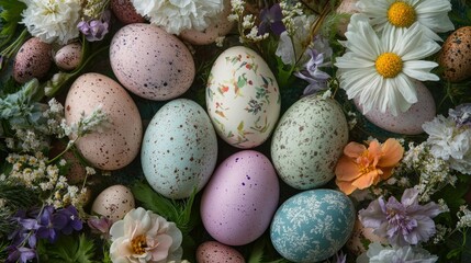 Obraz premium Pastel Easter eggs surrounded by seasonal flowers, creating a charming and festive scene with space for text.
