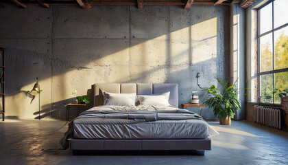 Modern Bedroom with Plants,A modern bedroom with large windows, concrete walls, plants, and a low bed with white bedding.