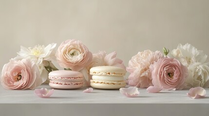 Pink flowers arranged alongside pastel-colored macarons on a light grey table, creating a charming composition with copy space.