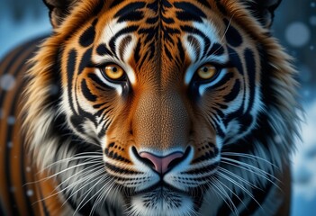 Obraz premium A tiger gazes intently amidst a snowy backdrop.