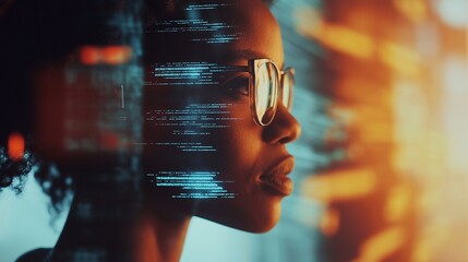 A futuristic concept of artificial intelligence and human connection represented by a profile of a young African woman with glowing digital code overlay. innovation, AI, and human-tech collaboration