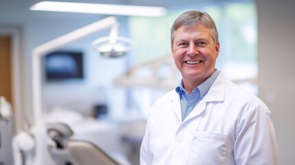 Obraz premium A professional male dentist wearing a white lab coat smiles warmly in a modern dental clinic. The blurred background of dental equipment creates a welcoming atmosphere, oral health, professionalism
