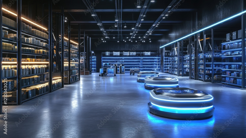 Poster retail warehouse of the future with augmented reality visualizations and automated robots managing g