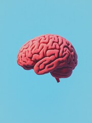 Vibrant Red Brain against a Sky Blue Background