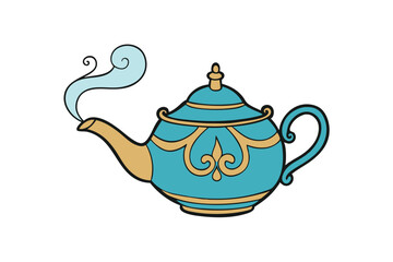 Ornate teapot with steam escaping vector art illustration