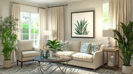 Warm and cozy composition of living room interior with mock up poster frame modular sofa, white armchair, stylish coffee table, plants, beige curtain and personal accessories. Home decor. Template. 