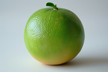 A single pomelo sits centered on a plain white background. Its round shape and textured skin showcase the fruit's freshness and natural green hue, inviting exploration of its juicy interior.