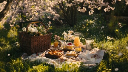 Scenic picnic setting in a blooming garden with a wicker basket, spring flowers, and a light breakfast spread on the grass.
