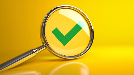 A magnifying glass over a green check mark on a yellow background.