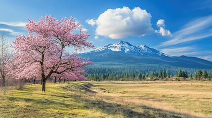 Obraz premium Soft pink cherry blossoms cascading in front of a distant mountain range on a calm and sunny spring day.